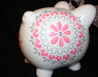 Personalized Piggy Bank damask pink and grey dahlia