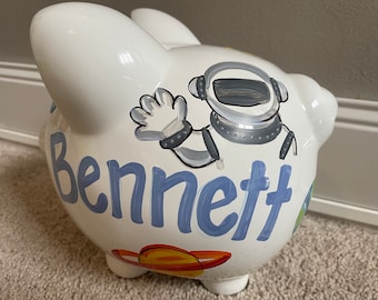 Hand painted personalized piggy bank space astronaut