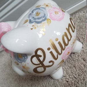 custom hand painted personalized small  piggy bank pink and gold floral