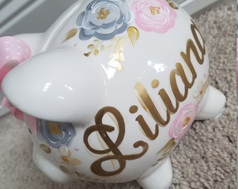 custom hand painted personalized small  piggy bank pink and gold floral