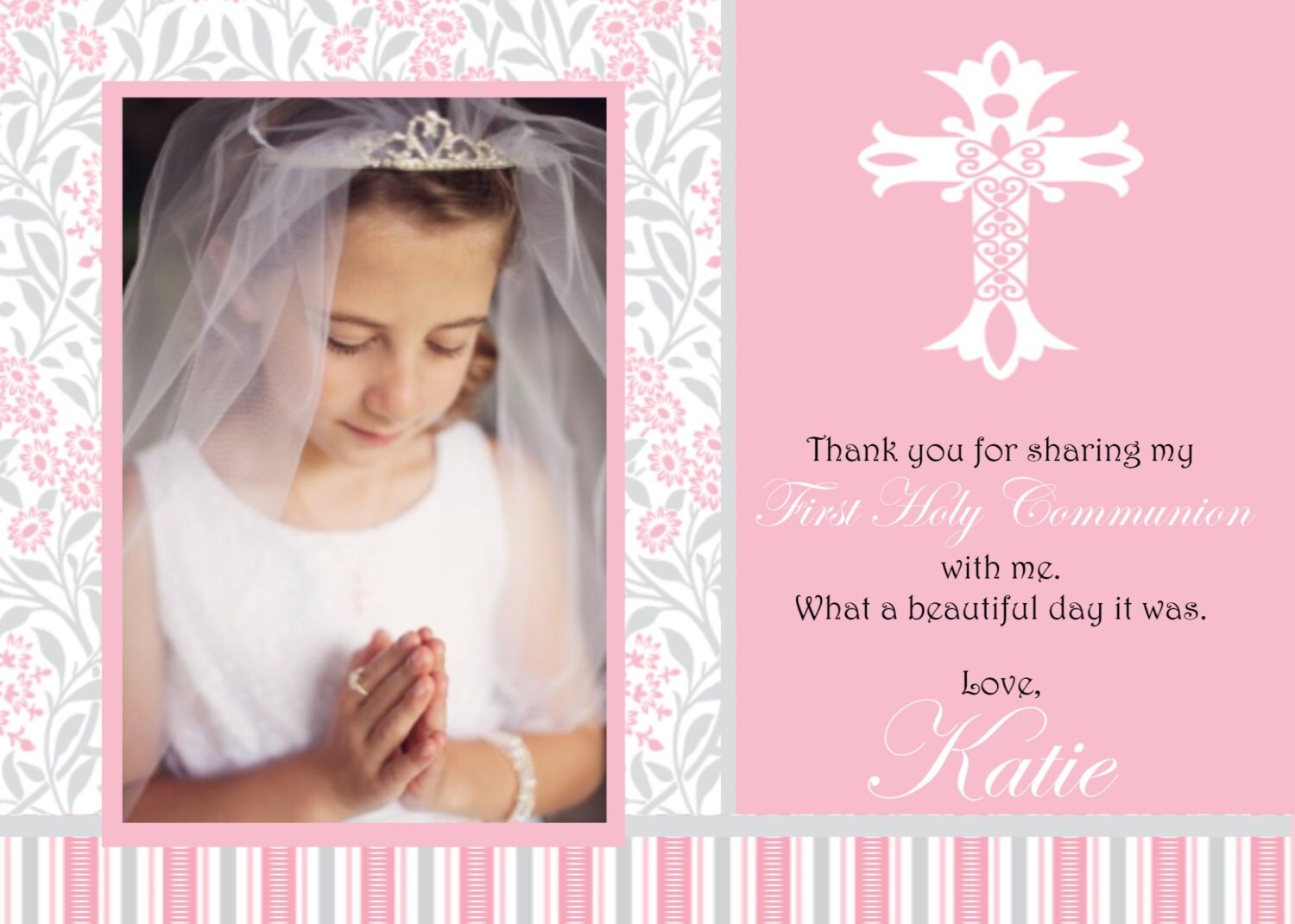 Communion thank you card 5x7 girl cross custom digital print | Etsy