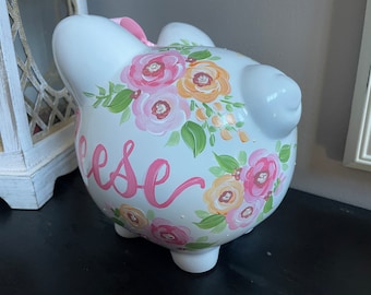 peaches and pinks floral custom hand painted personalized piggy bank