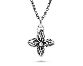 Fine Jewelry Star Flower Pendant Necklace, Oxidized Argentium Sterling Silver Handwoven Chainmaille, 1.7mm Cable Chain, 16 18 20 22 24 26"+