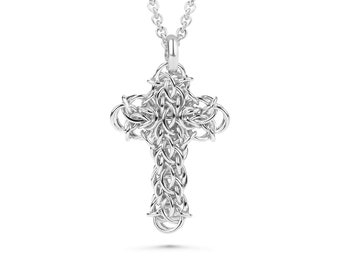 Small Silver Cross Necklace, Argentium Sterling Chainmaille Pendant, Original Design, Celtic Inspired Christian Crucifix 18 20 22 28 36 inch