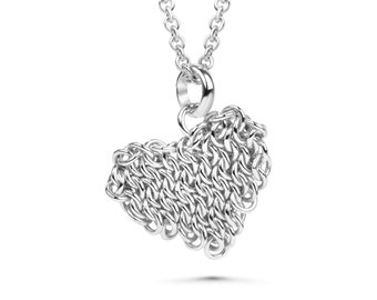 Silver Heart Pendant Necklace, Small, Argentium Sterling Silver Fused Chainmaille, 16 18 28 36 inch 1.7mm Cable Chain with Lobster Clasp