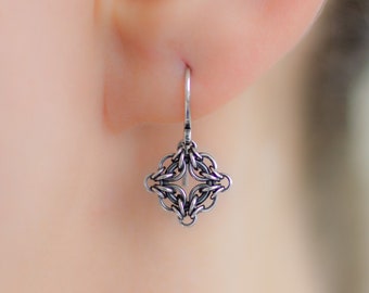 Silver Dangle Earrings, Chainmaille Jewelry, Oxidized Argentium Sterling, Hypoallergenic Hook Earrings, Petite Celestial
