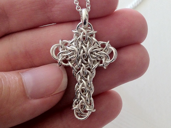 Silver Cross Necklace Argentium Sterling Silver Chainmaille | Etsy