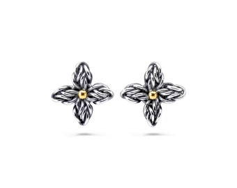 Celtic Star Flower Post Earrings, Small Oxidized Argentium Sterling Silver & 18k Gold, Nickel Free and Hypoallergenic Chainmaille Jewelry