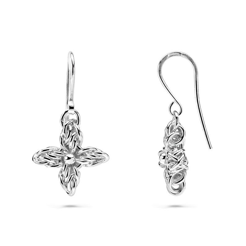 Silver Dangle Earrings, Star Flower Drop Earrings, Fused Argentium Sterling Silver, Celtic Knot Fine Chainmaille Nickel Free Hypoallergenic image 2