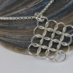 Silver Pendant Necklace, Diamond Shaped Fused European Chainmaille, Argentium Sterling Silver on 18 22 28 36 inch rolo chain lobster clasp image 3