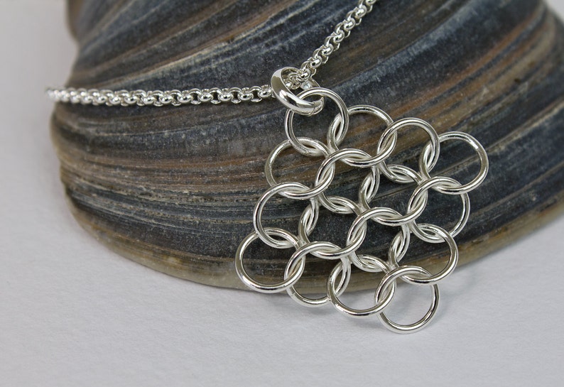 Silver Pendant Necklace, Diamond Shaped Fused European Chainmaille, Argentium Sterling Silver on 18 22 28 36 inch rolo chain lobster clasp image 3