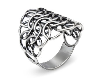 Fused Chainmaille Armorer's Ring, Oxidized Argentium Sterling Silver, All Sizes 5 5.5 6 6.5 7 7.5 8 8.5 9 9.5 10 10.5 11 11.5 12 12.5 13+