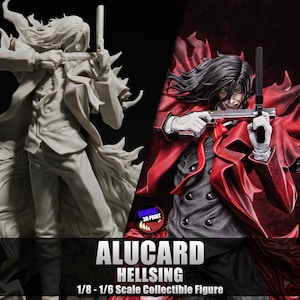 May include: A collectible figure of Alucard from Hellsing, shown in two versions: a monochrome statue and a fully colored figure. The figure is holding a gun and wearing a long coat. The text "ALUCARD HELLSING 1/8 - 1/6 Scale Collectible Figure" is displayed.