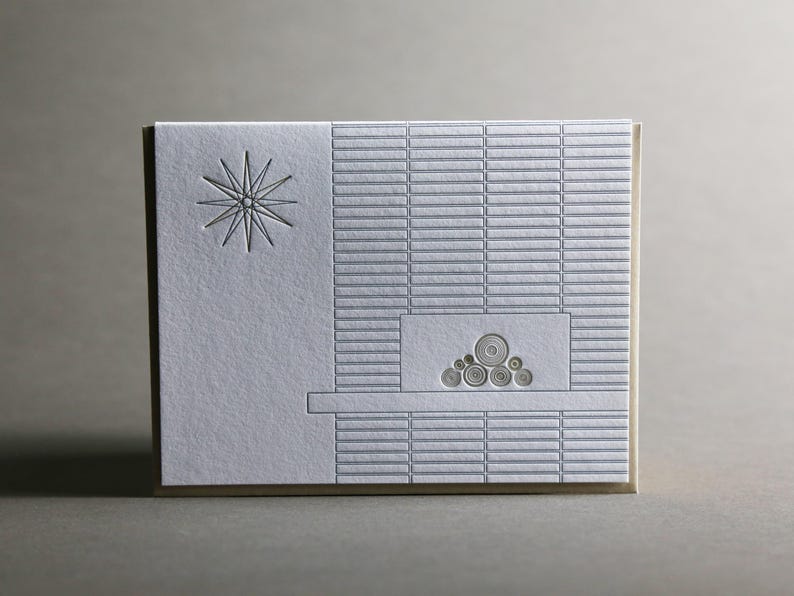Mid Century Modern Fireplace New Home Hearth Letterpress Card image 1