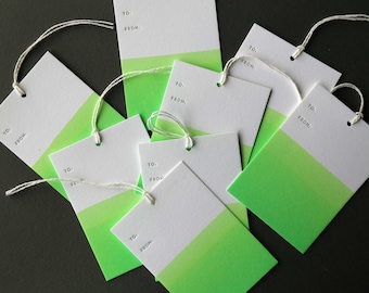 Set of 8 GREEN hand dip dyed and letterpress printed gift tags, 2.5 x 3.5" with twine