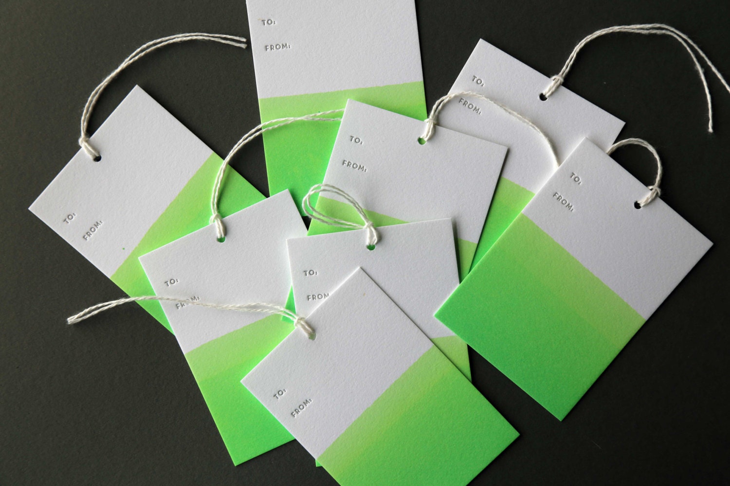 Set Of 8 Green Hand Dip Dyed And Letterpress Printed Gift s 2 5 X 3 5 With Twine
