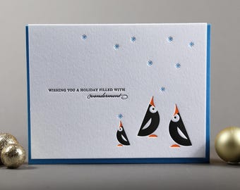 Penguins Winter Wonderment Holiday Christmas Letterpress Greeting Card