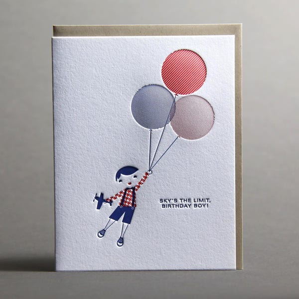 Happy Birthday Boy Ballon Himmel ist die Limit Letterpress Grußkarte