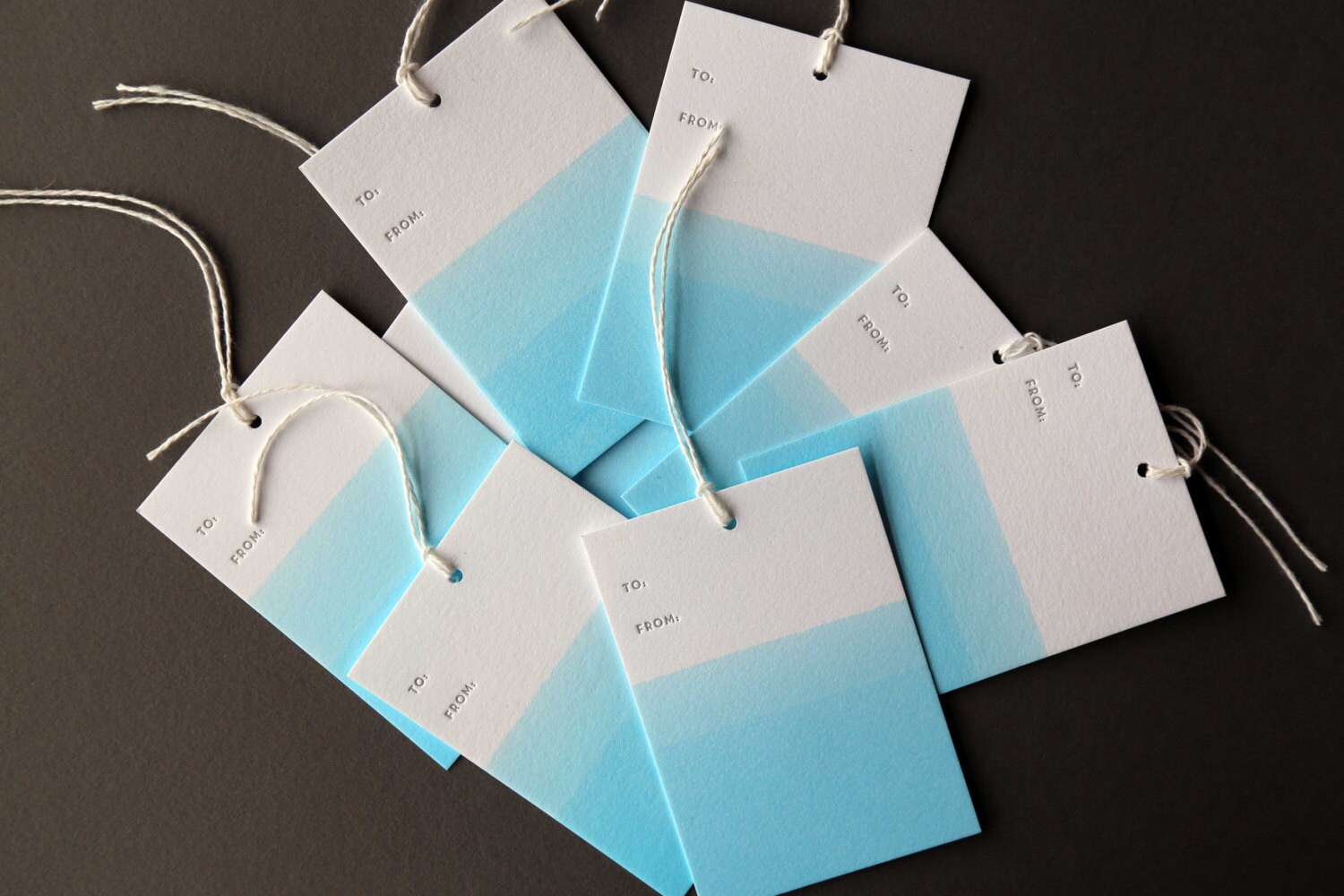 Set Of 8 Blue Hand Dip Dyed And Letterpress Printed Gift s 2 5 X 3 5 With Twine