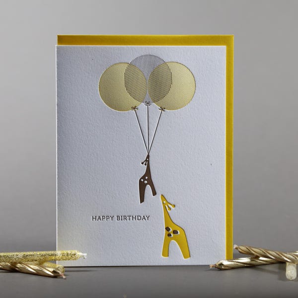 Giraffe alles Gute zum Geburtstag Luftballons Letterpress Grußkarte