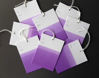 Set of 8 PURPLE hand dip dyed and letterpress printed gift tags, 2.5 x 3.5" with twine