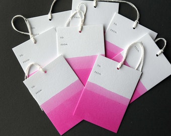 Set of 8 FUSCHIA hand dip dyed and letterpress printed gift tags, 2.5 x 3.5" with twine