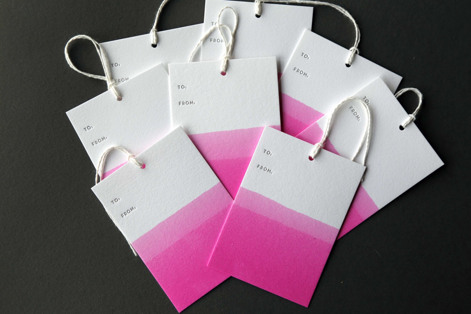 Set Of 8 Fuschia Hand Dip Dyed And Letterpress Printed Gift s 2 5 X 3 5 With Twine