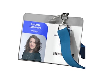 May include: A clear plastic ID badge holder with a blue lanyard. The badge has a photo of a woman and the text "Brigitte Schwartz, Manager".