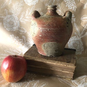 Antique French 1800s Primitive Two Handled Handmade Stoneware Olive Oil Jar