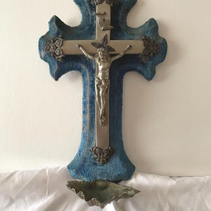 Antique French Hanging Napoleon III Blue Velvet Holy Water Font Benitier c1880