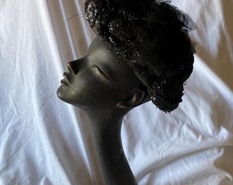 Antique French Victorian 1880s Black Mourning Bonnet – Silk, Sequins & Feathers