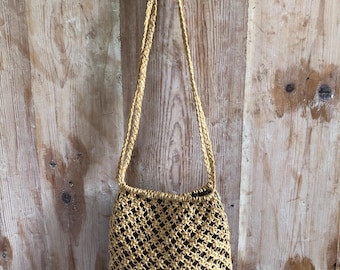 Vintage French Handmade Boho Macrame Hessian String Lined Shoulder Bag Purse c1970s