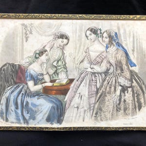 Charming Antique French Hand Tinted Lithograph under Glass Hanging Loop Dated 1852