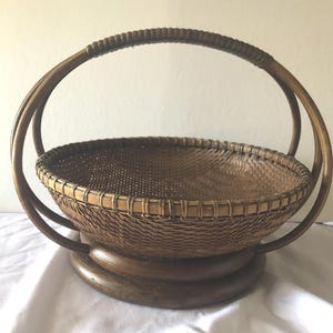 Stunning Vintage French Hand Woven Wicker & Bent Wood Gather Basket Original Label