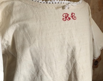 Antique French Chanvre Quality Linen Chemise Chore Painters Work Shirt Mono RC Sz XL