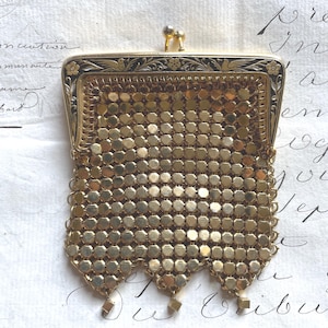 Antique French Flapper Petite Gold Chain Mail Mesh Black Enamel Coin Purse c1920