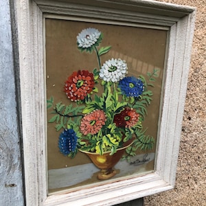 Vintage 1950s Reverse Glass Painting – Floral Still Life by Betty Sculfort (French or English Origin)