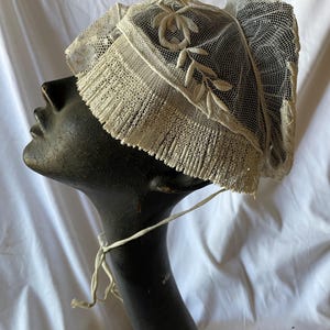 Antique French Childs Hand Embroidered Appliqué Edwardian Lace Bonnet c.1910s