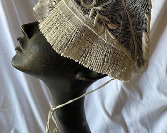Antique French Childs Hand Embroidered Appliqué Edwardian Lace Bonnet c.1910s