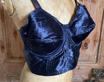 French 1950s Midnight Blue Satin Balcony Bullet Bra Bustier Lightly Used Sz 105