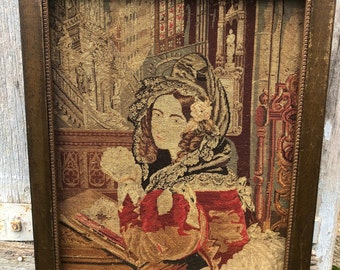 Antiker französischer Renaissance Lady Nadelspitze Handgefertigte Wolle Tapisserie c1890s