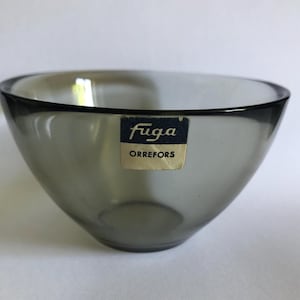 Vintage FUGA ORREFORS Sweden Smokey Gray Glass Bowl by Sven Palmqvist Original Label 1950s