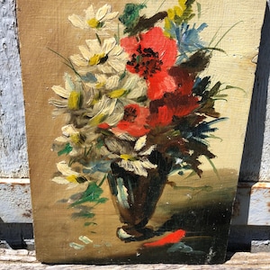 Petite Vintage French Oil on Board Still Life Flowers MCM 16 x 22 cms c1960s Signed to back