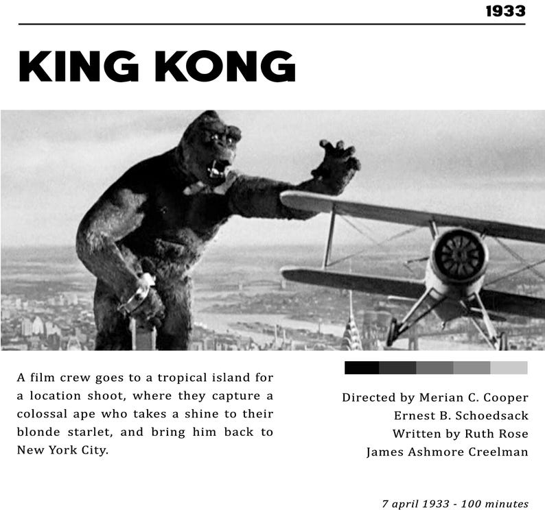 May include: A black and white image featuring the title "KING KONG" above a depiction of the giant ape and a biplane. The ape is reaching out towards the plane. Text below describes the film's plot and credits.