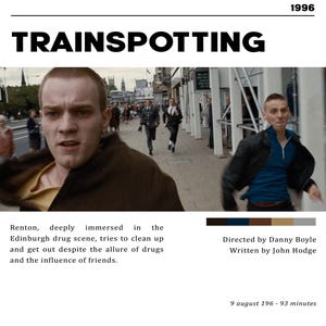 May include: A movie still from the film "Trainspotting" with the title at the top. The image shows a scene with several men running on a city street. Text at the bottom describes the film's plot, director, writer, and release date.