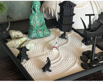 Japanese Zen Garden Tray | Buddha, Koi, Pagoda, Torii Gate | Desk Decor