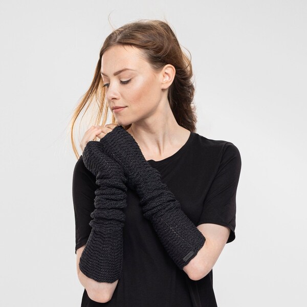 Arm Warmers Fingerless Gloves Pure Merino Mittens Zigzag Style Dark Gray Charcoal Mitaines  Arm Sleeves