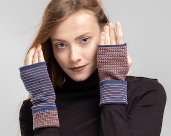 Arm Warmers Merino Wool Fingerless Gloves Blue and Orange Mittens