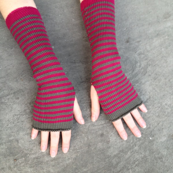 Arm Warmers Fuchsia Khaki Fingerless Gloves Striped Mittens Mitaines Mitones Merino  Armstulpen Wrist Warmers Arm Sleeves