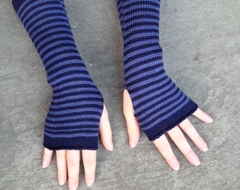 Arm Warmers Blue Fingerless Gloves Striped Mittens